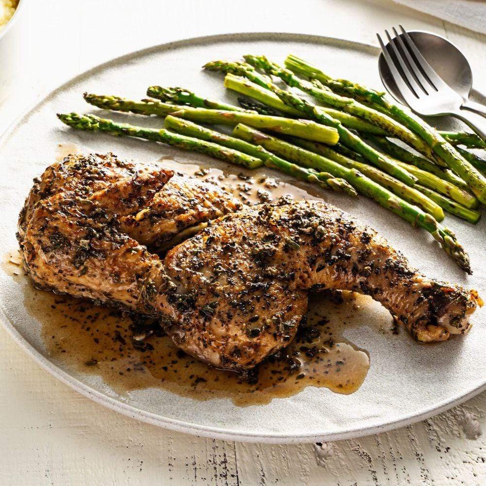 Seared Half Chicken with Thyme, Salt, & Pepper with asparagus