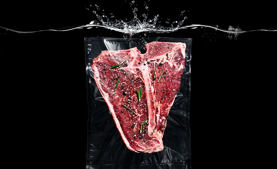 Sous Vide T-bone Steak dropped in water