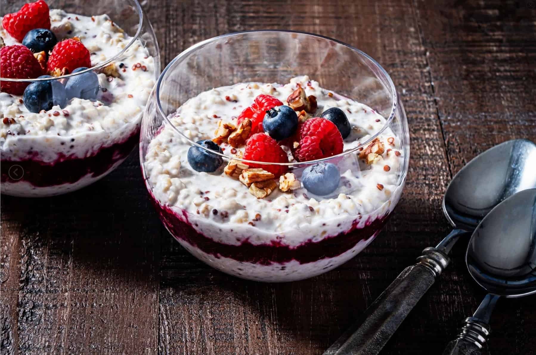 oatmeal with red quinoa in bowl with berries on top