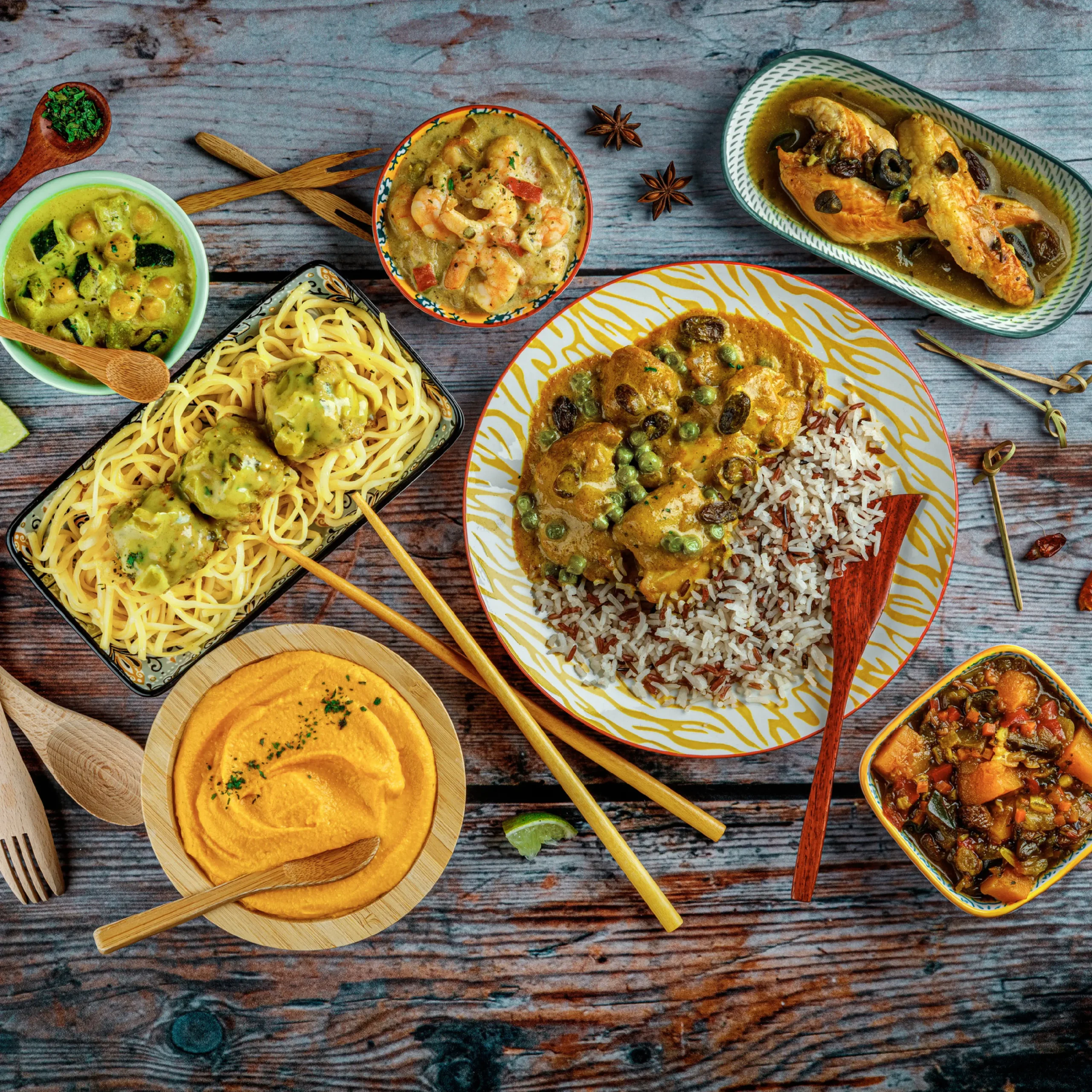 Table with a spread of sous vide dishes including curry and rice