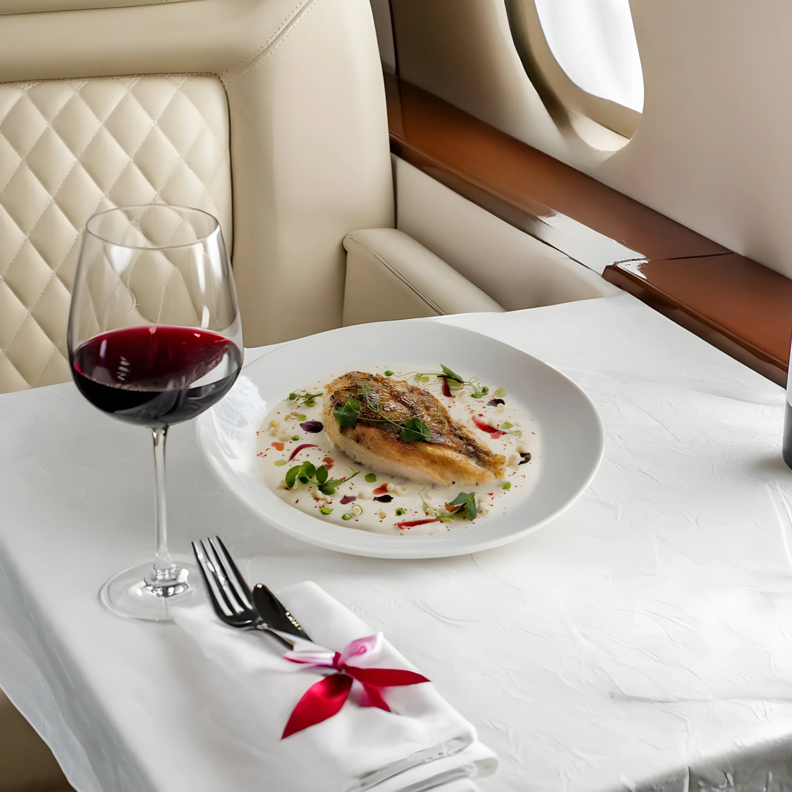 Chicken breast on a white plate presented on a tray table on a plane